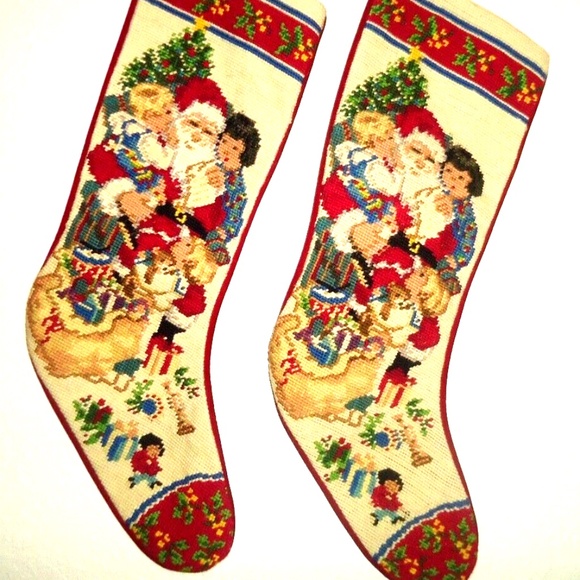 2pc vintage needlepoint CHRISTMAS STOCKING - Santa with little children whisperi - Picture 1 of 3
